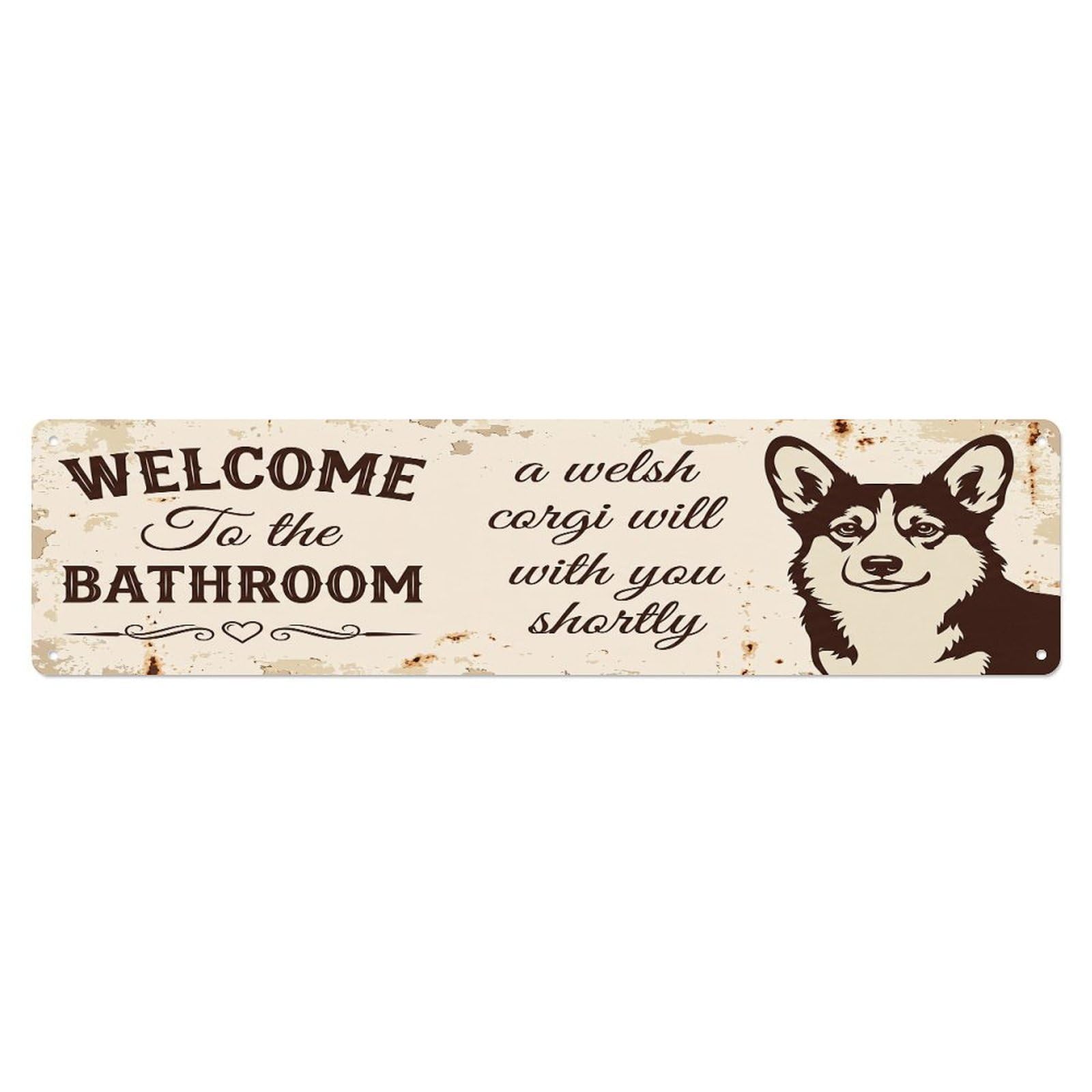 Vintage WELCOME To The BATHROOM Welsh Corgi Metal Tin Sign