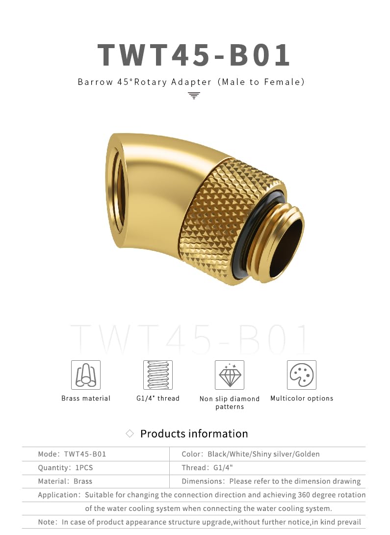 Barrow G1/4" Male to Female Extender Fitting, 45 Degree Rotary, Gold, 4-pack