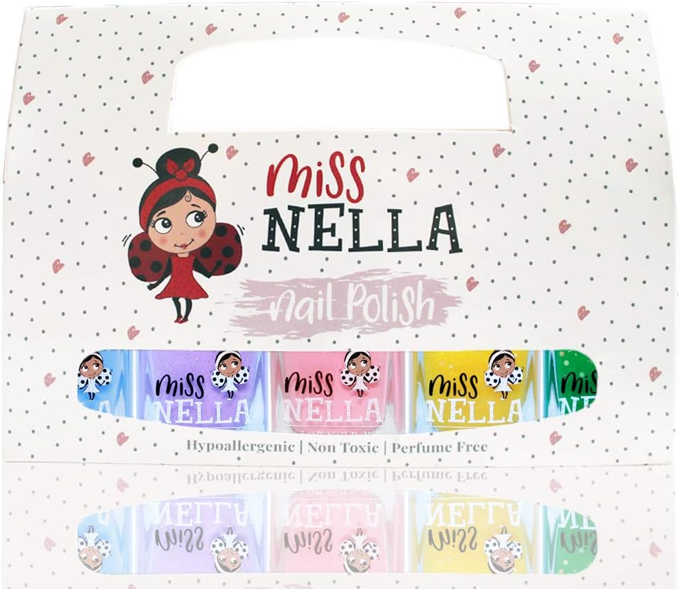 Esmalte de uñas para niños, Miss Nella Springs It On, Lote de 5 Barnices - Azul-campana, Lila-alas de mariposa, Rosa-conejito, Amarillo-miel, Verde-besa la rana.
