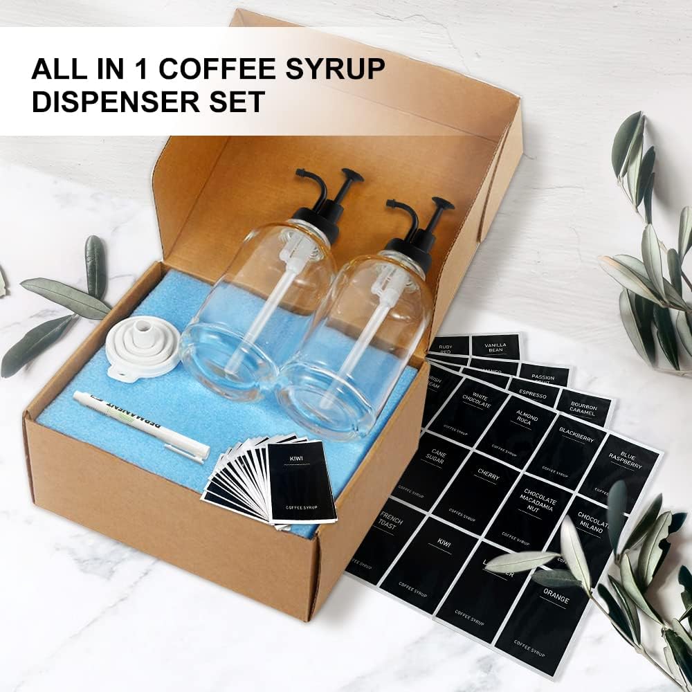 2 Pack 16.9OZ Coffee Syrup Dispenser for Coffee Bar with Labels and Pump, Syrup Bottles for Coffee Bar Home Bar, BPA Free & Durable Transparent Glass Coffee Syrup Dispenser Bottles (500ML, BLACK)