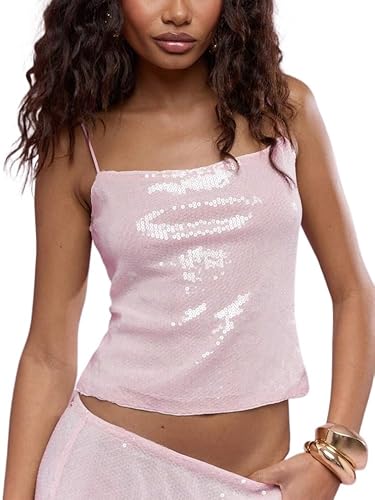 Womens Spaghetti Strap Sequin Cami Top Sleek Summer Party Tank