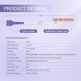 Skmeditec 4PCS Compatible with Nellcor OXIMAX MAX-N Disposable SpO2 Sensor for Neonate/Adult, 9-Pin D-Sub Purple Connector