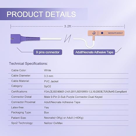 Skmeditec 4PCS Compatible with Nellcor OXIMAX MAX-N Disposable SpO2 Sensor for Neonate/Adult, 9-Pin D-Sub Purple Connector