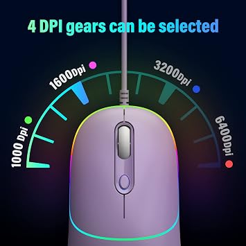 Wired Mouse USB Computer Mouse with RGB 4 DPI up to 6400 Ultra Silent for Laptop PC Windows Purple