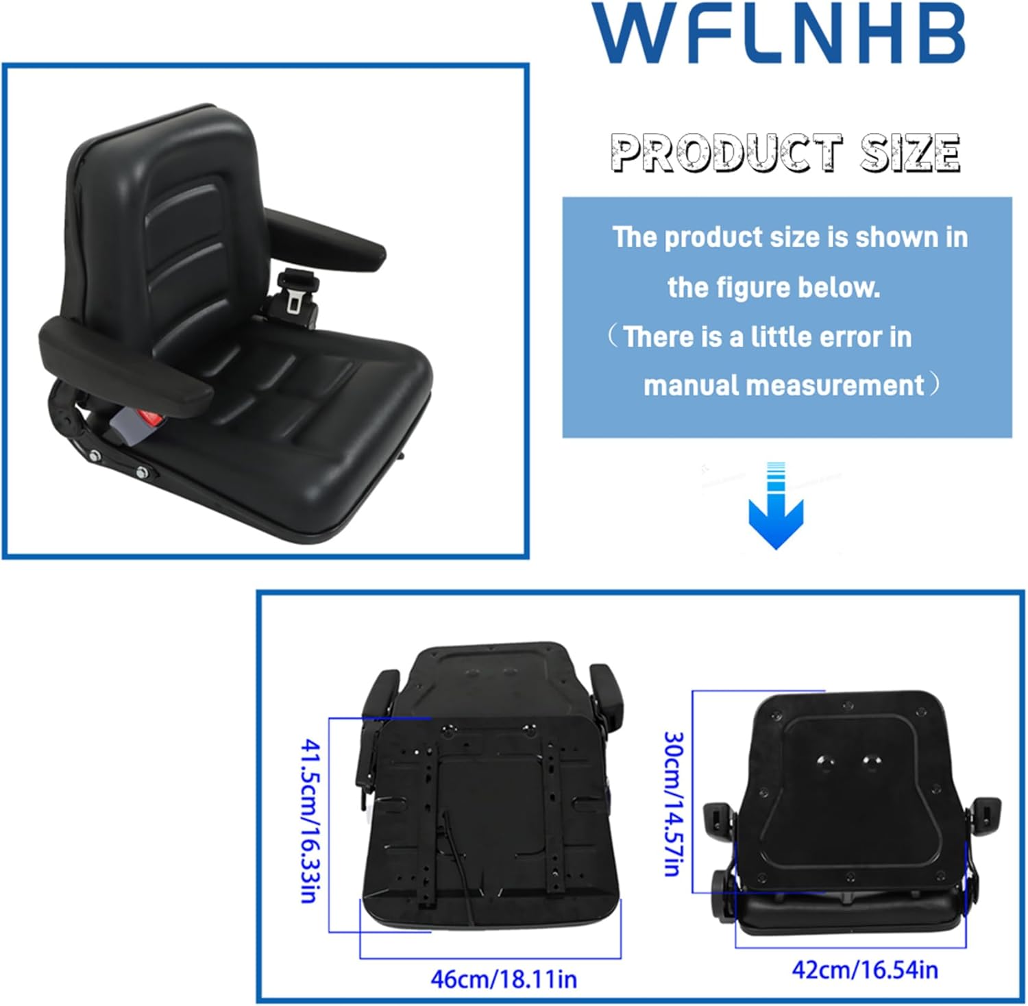 WFLNHB Universal Adjustable Folding Forklift Truck Seat, with Retractable Seat Belt Armrest Slide Rail Replacement for Excavators, Forklifts, Tractors, Block loaders, Backhoe Bulldozers