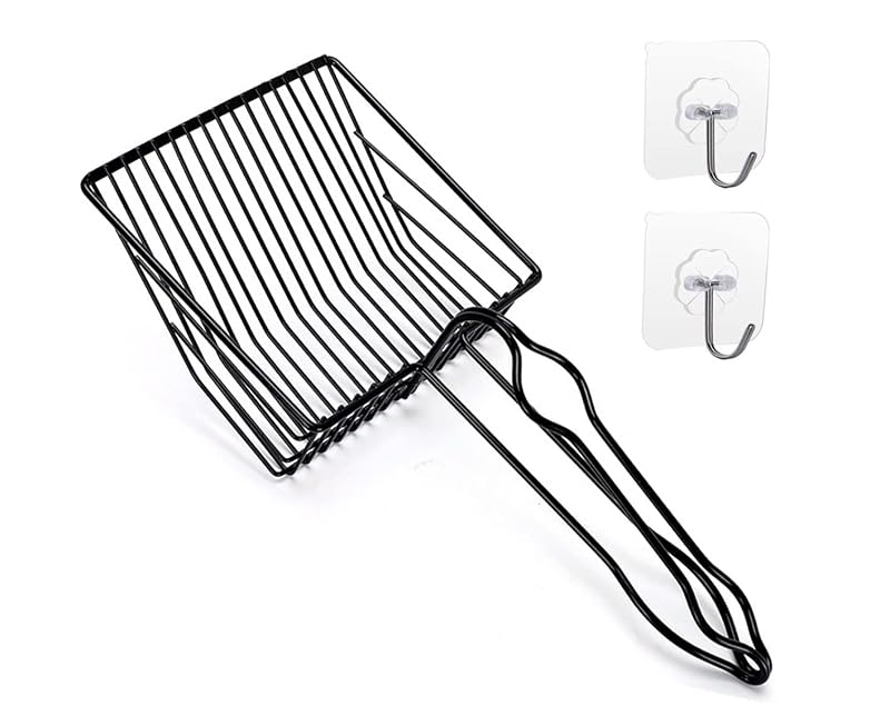 Pá de metal para caixa de areia de gatos com borda plana e suporte QUALIALL, preta