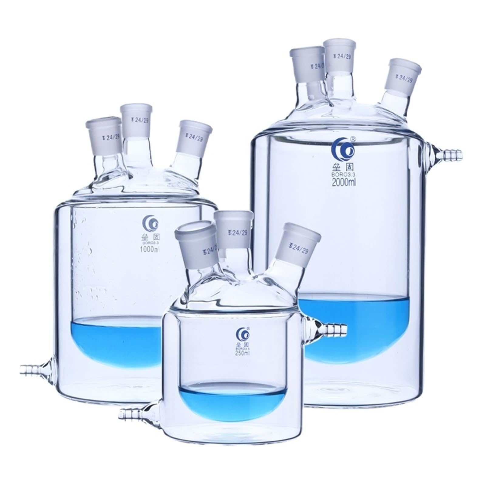 matraz de fondo redondo， Matraz reactor con camisa de vidrio de borosilicato de cuatro bocas y doble capa, 250 ml-10 l, varios tamaños(250mL 24x24x24x24)