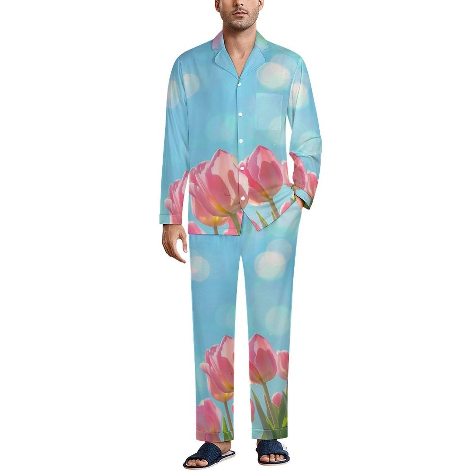 Pigiama da Uomo in Campi di Tulipani Rosa, Due Pezzi Set Completo con Camicia a Maniche Lunghe Bottoni e Pantaloni con Tasche Abbigliamento Casa Blu