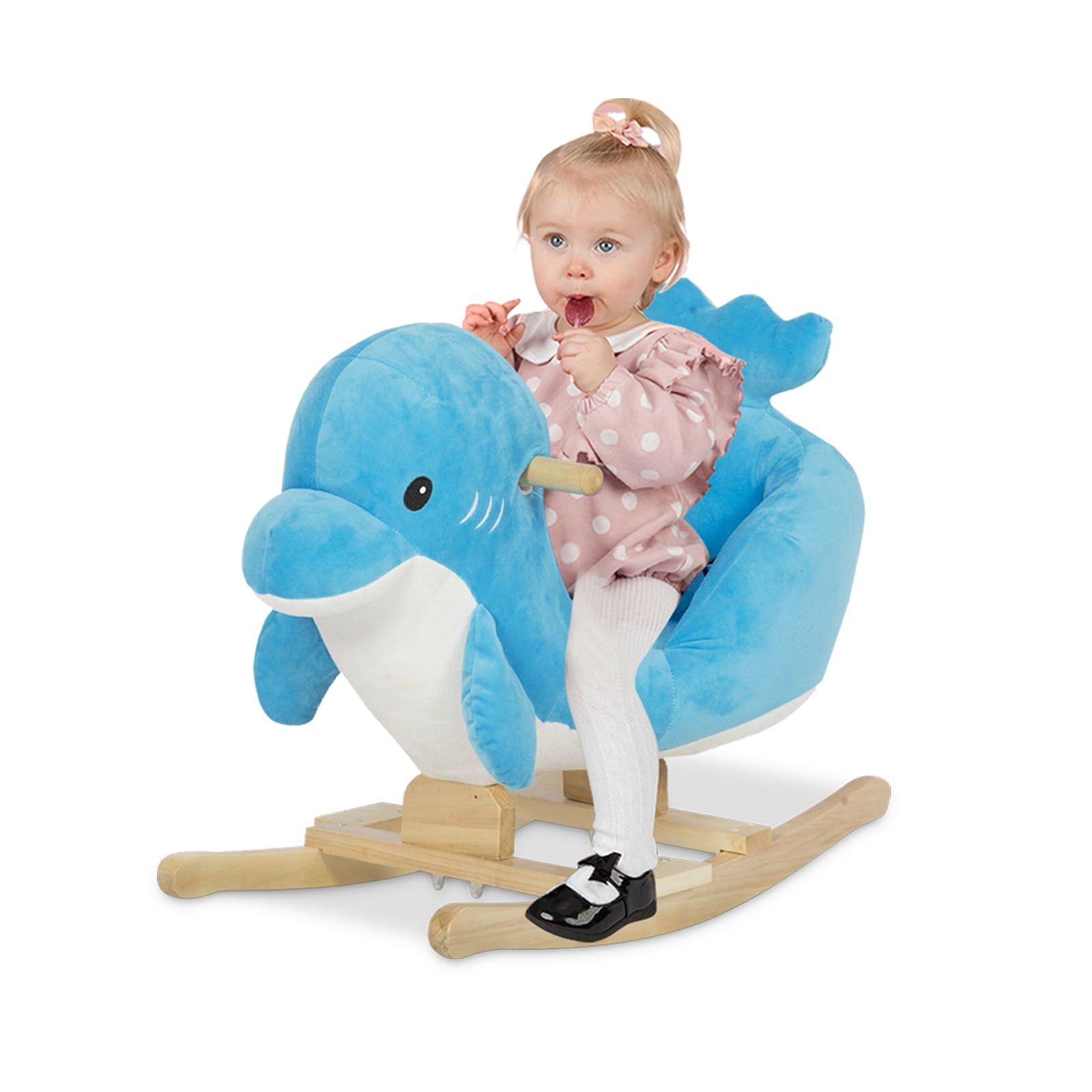 Kinsuite Rocking Horse Rocker - Animals Ride-On Toy, Plush Wooden Rocker with Nursery Rhyme Seat Belts, Dolphin