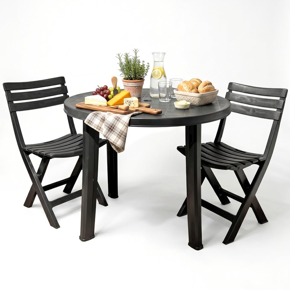 URBNLIVING Round Garden Bistro Table & Chairs Set, Plastic Resin Outdoor Patio Furniture, Weather Resistant Dining Set for Balcony, Backyard, Deck, Terrace, Lawn, Cafe, Easy Assembly