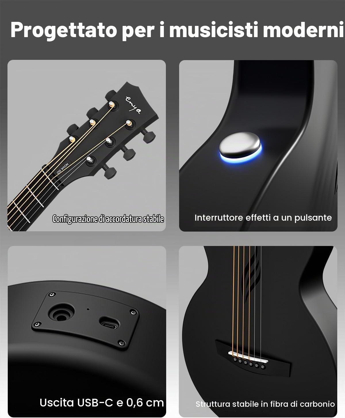 Enya Chitarra Acustica Elettrica Set - Nero 35" Nova Go SP1 Chitarra per Principianti in Fibra di Carbonio con Smart AcousticPlus Pickup Cavo di Ricarica Cavo Audio Borsa Gig per Bambini Adulti