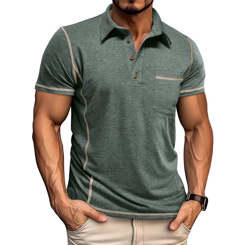Men's Casual Polo Shirts Classic Short Sleeve Button Tees Basic Golf Shirt Cotton Top with Pocket Green XL
