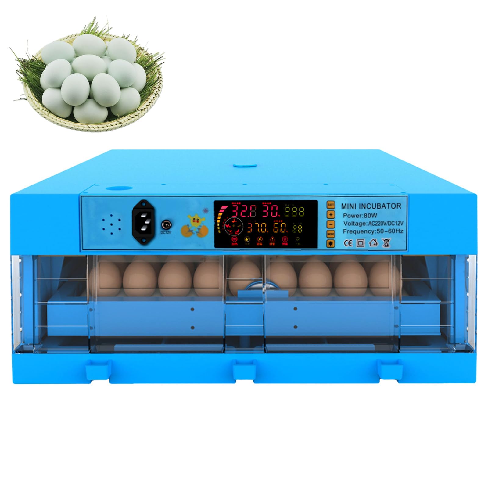 Incubadora y Nacedora De Aves De Corral Grande con Giro Automático de Huevos y Control de Temperatura Y Luz Cálida LED,64Egg