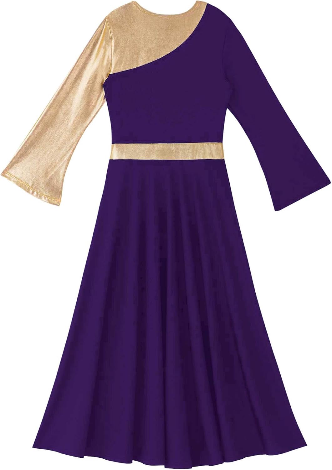 Hansber Kids Girls Metallic Praise Dance Dress Long Sleeve Color Block Church Robe Full Length Worship Gown