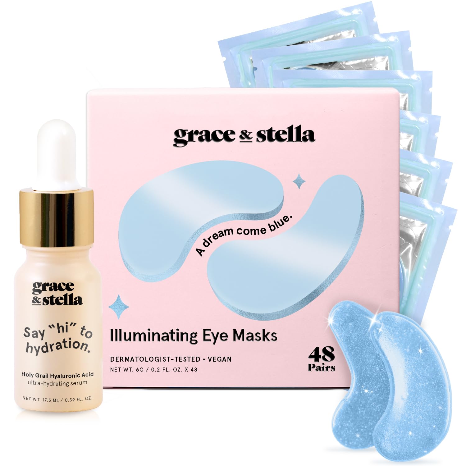 Grace & Stella Under Eye Mask - Reduce Dark Circles, Puffy Eyes, Undereye Bags, Wrinkles - Gel Under Eye Patches, Vegan Cruelty-Free Self Care by grace and stella (48 Pairs, Blue)