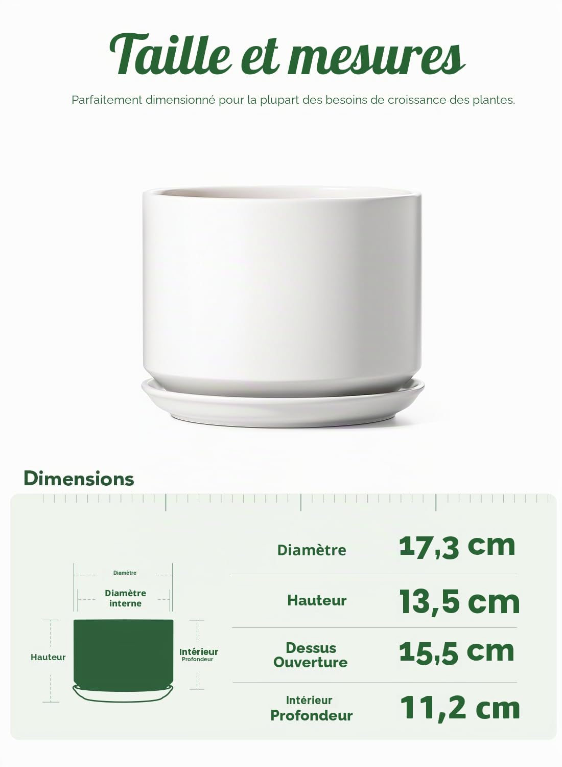 LE TAUCI Pot de Fleurs en Céramique 17 cm, Pot de Fleurs avec Soucoupe Intégrée et Trou de Drainage, Petit Cache-Pot Moderne, Robuste et Durable pour Décoration Maison et Bureau, Finition Mate, Blanc