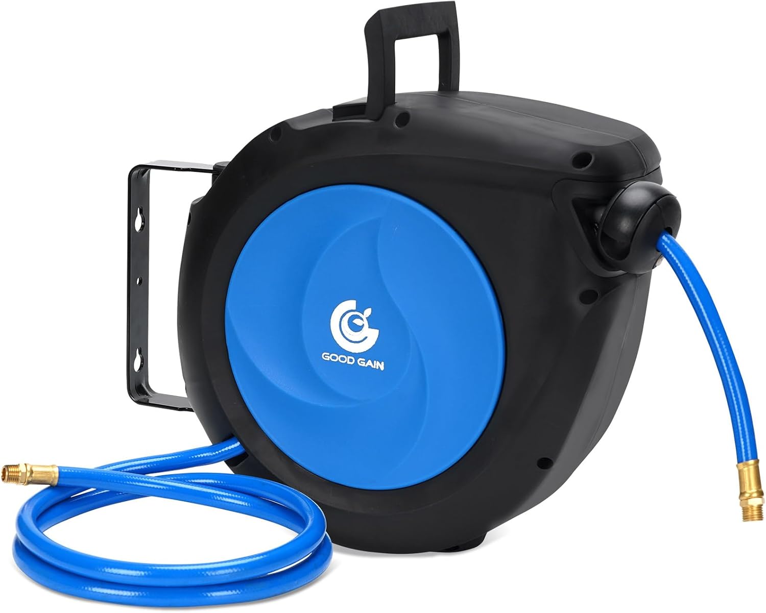 Air Hose Reel Retractable: 50ft x 3/8in Hybrid Polymer Hose Reel|Air Compressor Hose With 5in Lead in Brass Fittings | Wall Mount Reel 180°Swivel for Garage Workshop Ceiling & Wall | Max 300 PSI,Blue