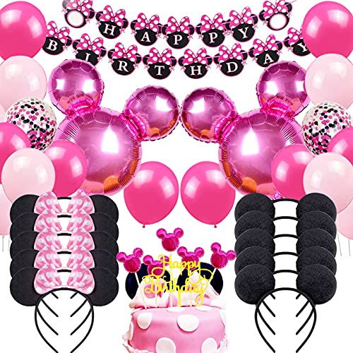 Danirora Minnie Mouse Birthday Party Supplies, Minnie Mouse Party Decorations for Girls 1st 2nd 3rd Birthday Decor Pink Balloon Banner and Mouse Ears Headband for Kids