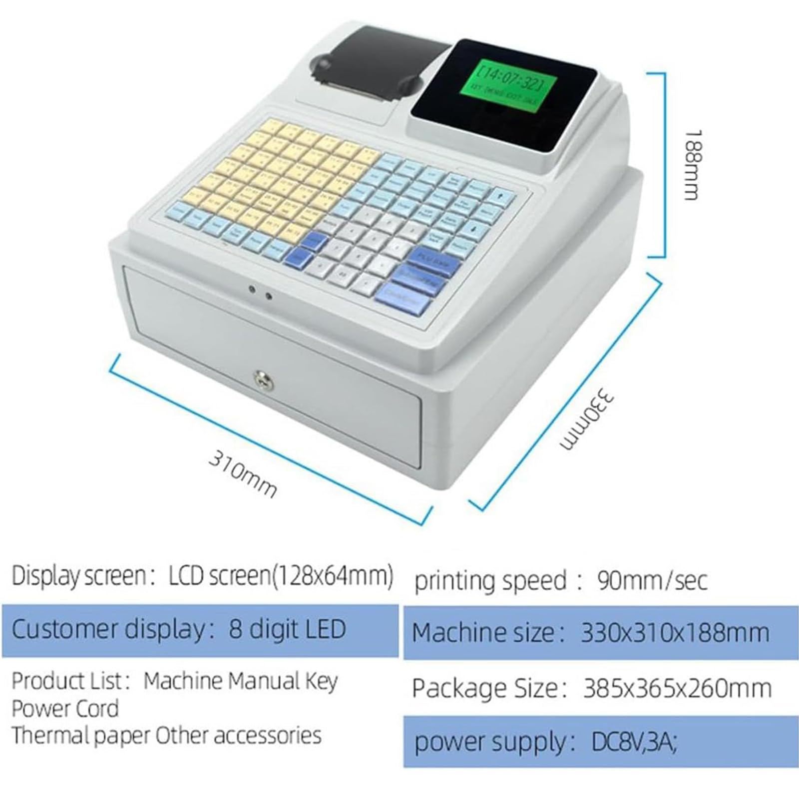 Caisse Enregistreuse Professionnelle,8 Digital Display Dispush Registre,avec Caisse Monnaie Et Imprimante Thermique,Aux Commerces Détail Et Aux Restaurants