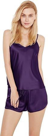 SIORO Silk Pajamas for Women Petite Size Satin PJ Set Two-Piece Pajama Cami Shorts Nightwear, Eggplant, Small