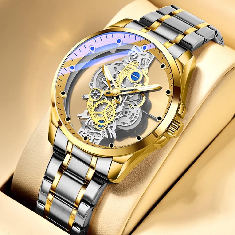FANMIS Creative Fashion Transparent Cover Skull Quartz Watch Stainless Steel Waterproof Watch Men's Business Skeleton Quartz Watch