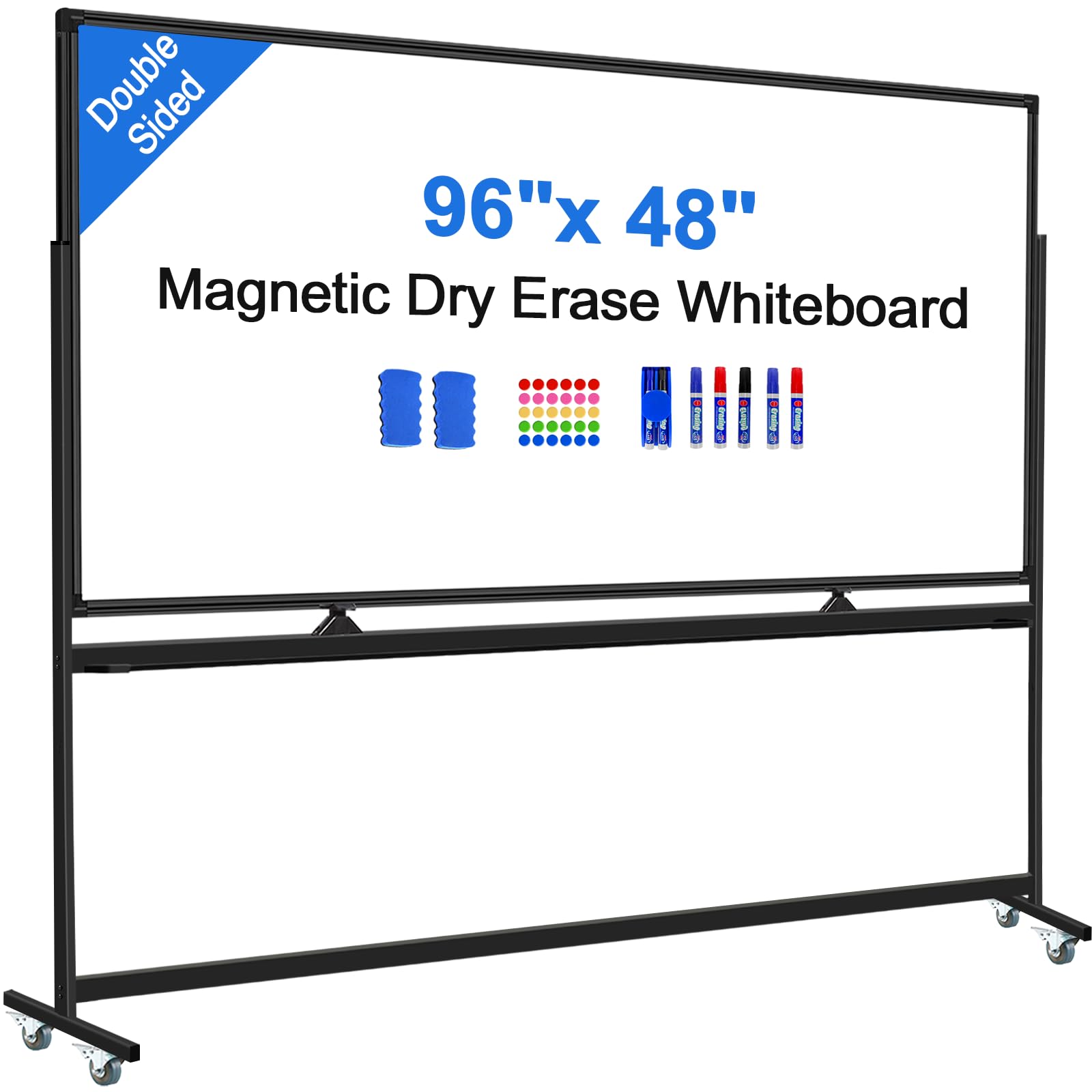 Photo 1 of Max-officoo 4'x8' Large Dry Erase White Board with Rolling Stand 96"x48" Double-Sided Mobile Magnetic Whiteboard on Wheels, Including 3 Magnetic Erasers, 7 Markers, 30 Magnets