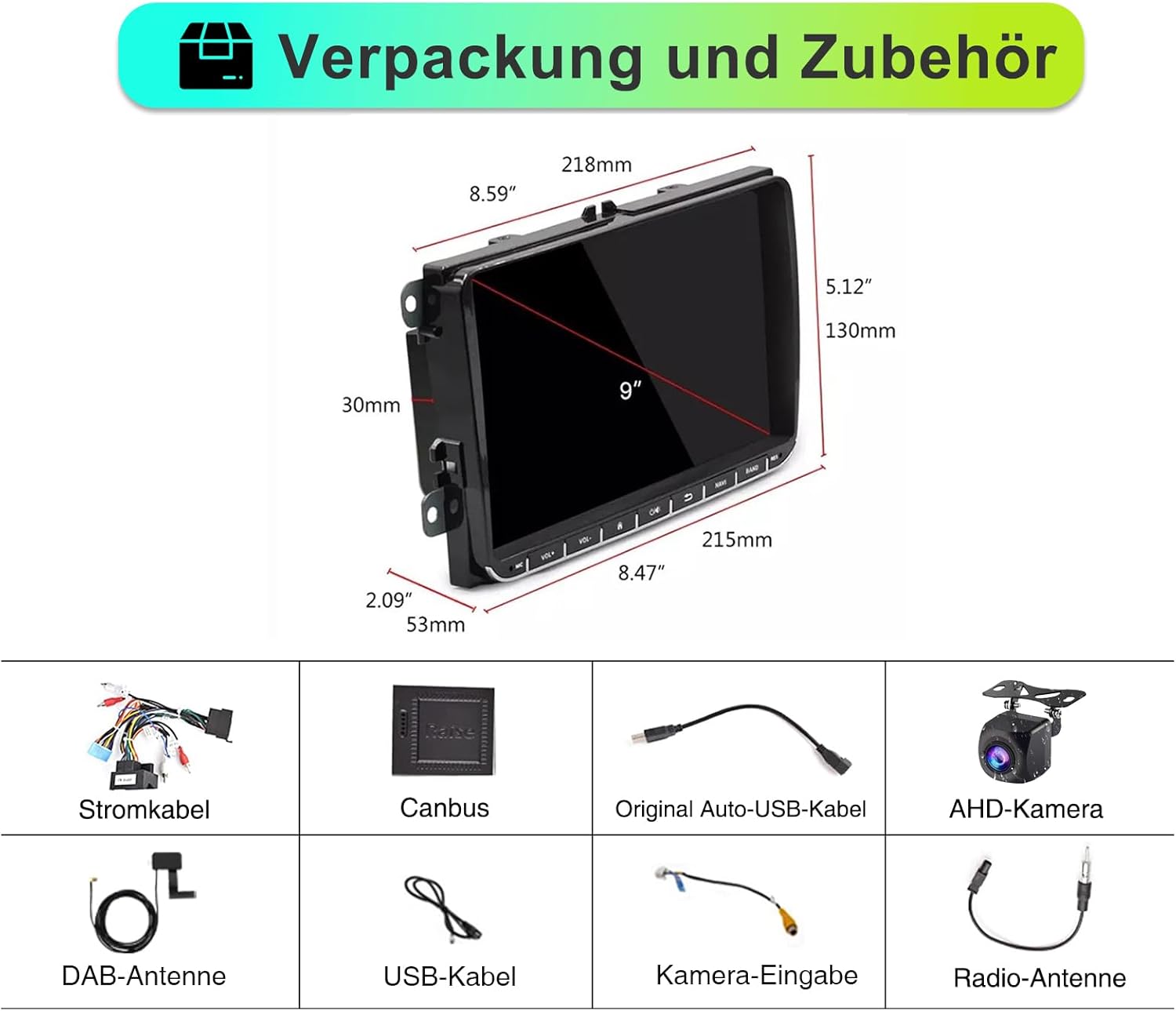 Diagram showing the dimensions of the SEMAITU TH0029DAB car radio and its included accessories: power cable, Canbus, original auto USB cable, AHD camera, DAB antenna, USB cable, camera input cable, and radio antenna.