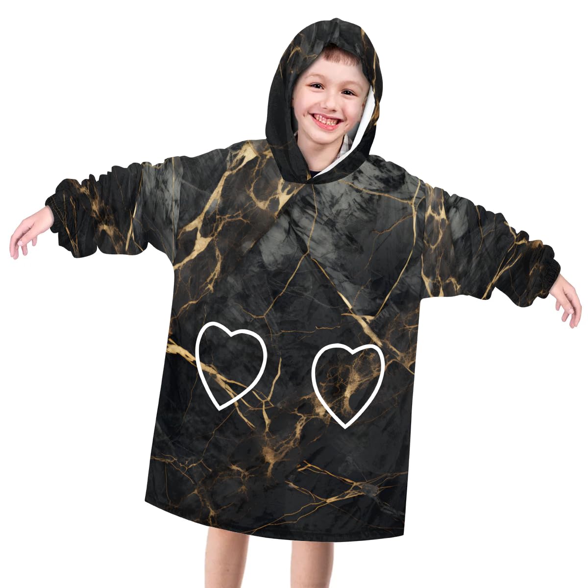 Pardick Wearable Blanket Hoodie for Kids, Black Gold Marble Fleece Sweatshirt Blanket Oversized Blanket Sweatshirt with Pocket Flannel Warm Hooded Blanket 6-10 Year Old Girl Boy Gift, One Size