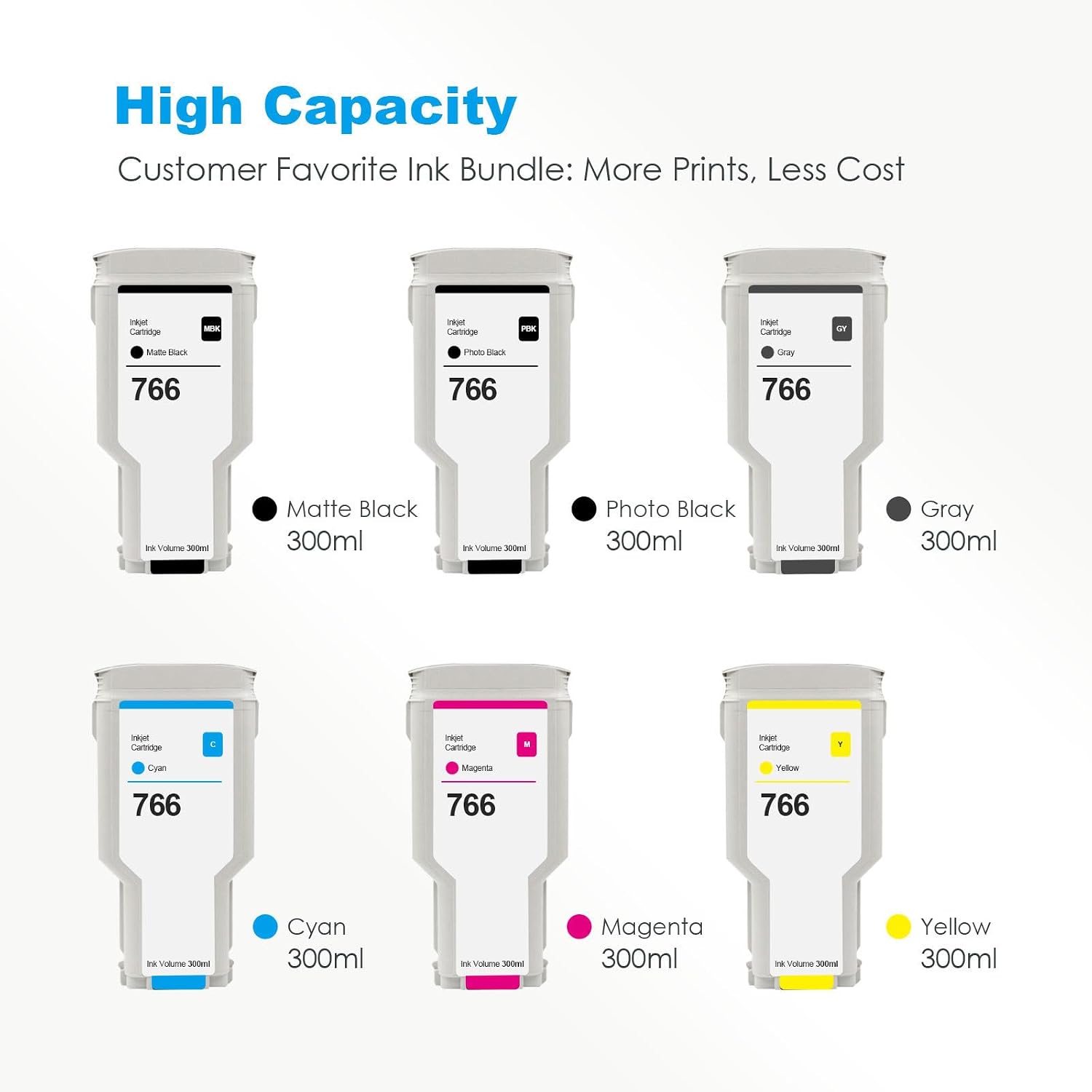766 Ink Cartridges 300ML High-Yield Replacement for HP 766 Ink for HP DesignJet XL3600 Series Printer 3ED57A P2V89A P2V90A P2V91A P2V93A 3ED55A (6-Pack, PK/MK/G/C/M/Y)