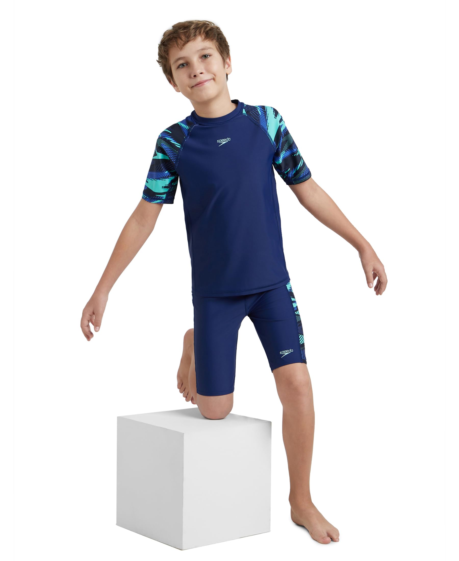 Speedo Boy's Endurance10 Hyperboom Print Short Sleeve Suntop - Harmony, True Navy & Cobalt 1