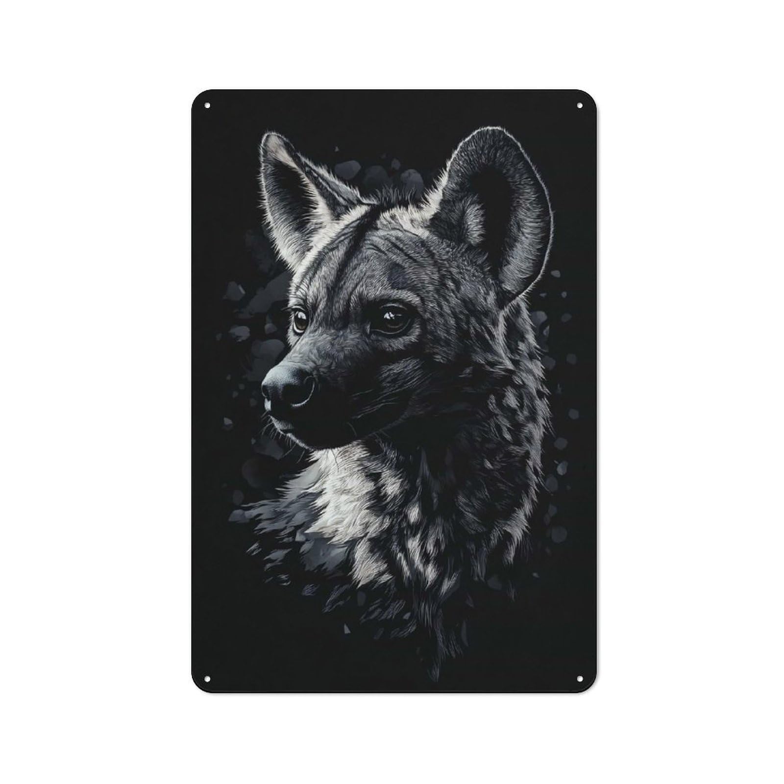 Junmoney Style-22 Tin Wall Plaque 30X20cm With Hyena Portrait In Black And White For Guest Room Or Hallway, For Updating Guest Room And Hallway After Moving