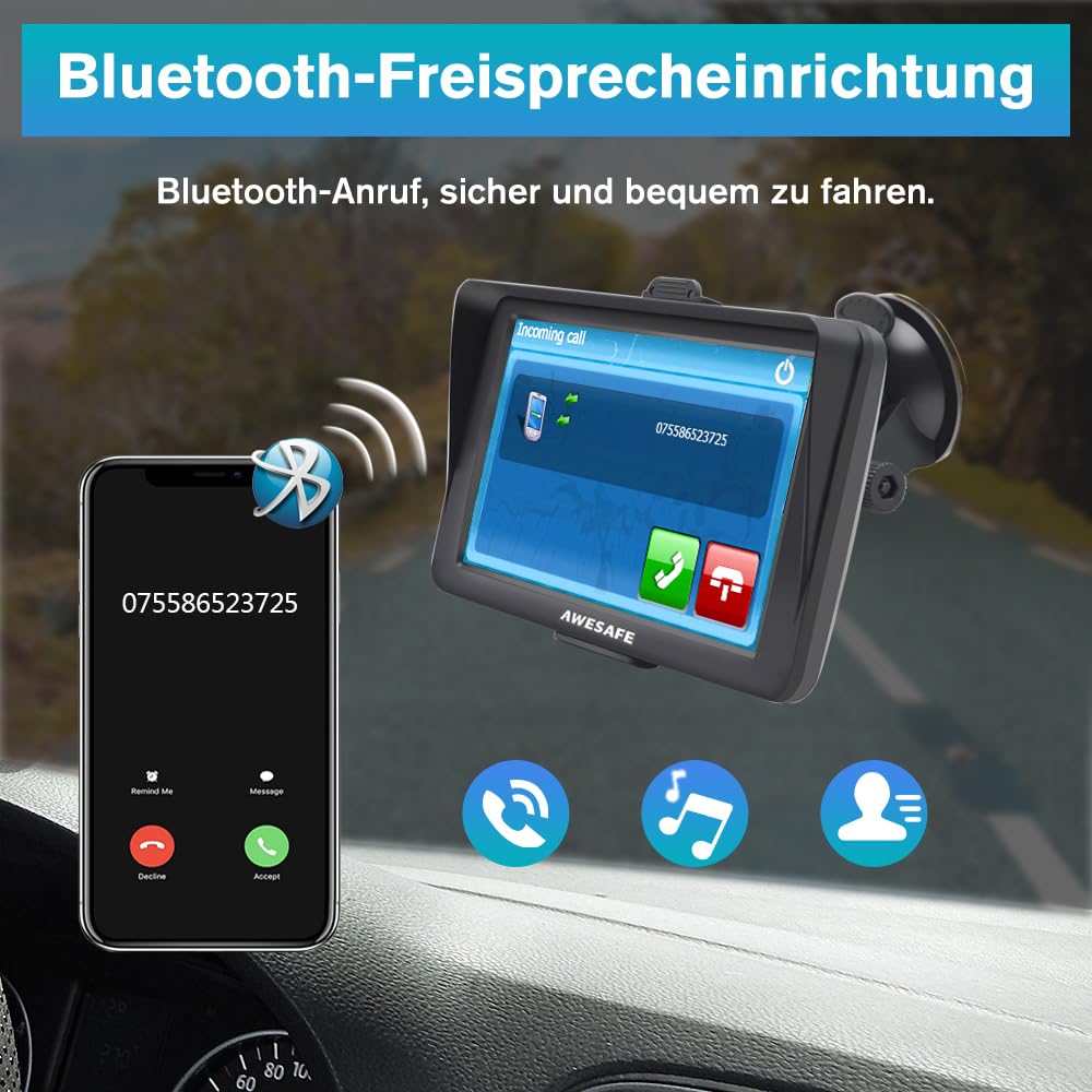 AWESAFE Bluetooth Navigationsgerät für Auto mit Rückfahrkamera, 7 Zoll Touchscreen, 2023 Europa Karten unterstützt lebenslang kostenloses, GPS Navigation für Auto PKW KFZ LKW