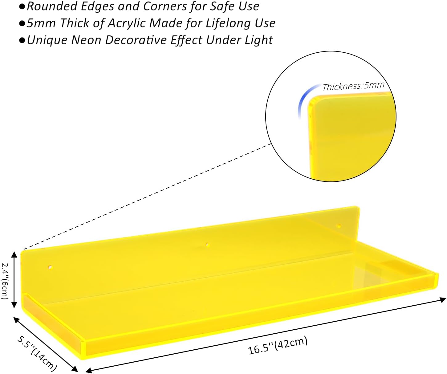 Floating Shelves for Wall Acrylic Wall Shelves for Bedroom Bathroom Living Room Kitchen 16.5X5.5'', Pack of 2, Neon Yellow