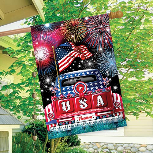 Usa Pickup Patriotic House Flag Fireworks Fourth Of July 28"X40" Briarwood Lane #TOP2