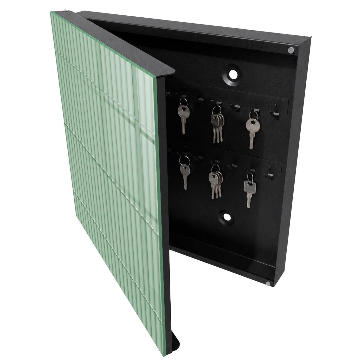 Armadietto Portachiavi 30x30 cm | Nero | A Sinistra | Montaggio a Parete | Strisce verdi | in Metallo | Tasselli e Viti Inclusi | per Uffici | Frontale Decorativo in Vetro Temperato