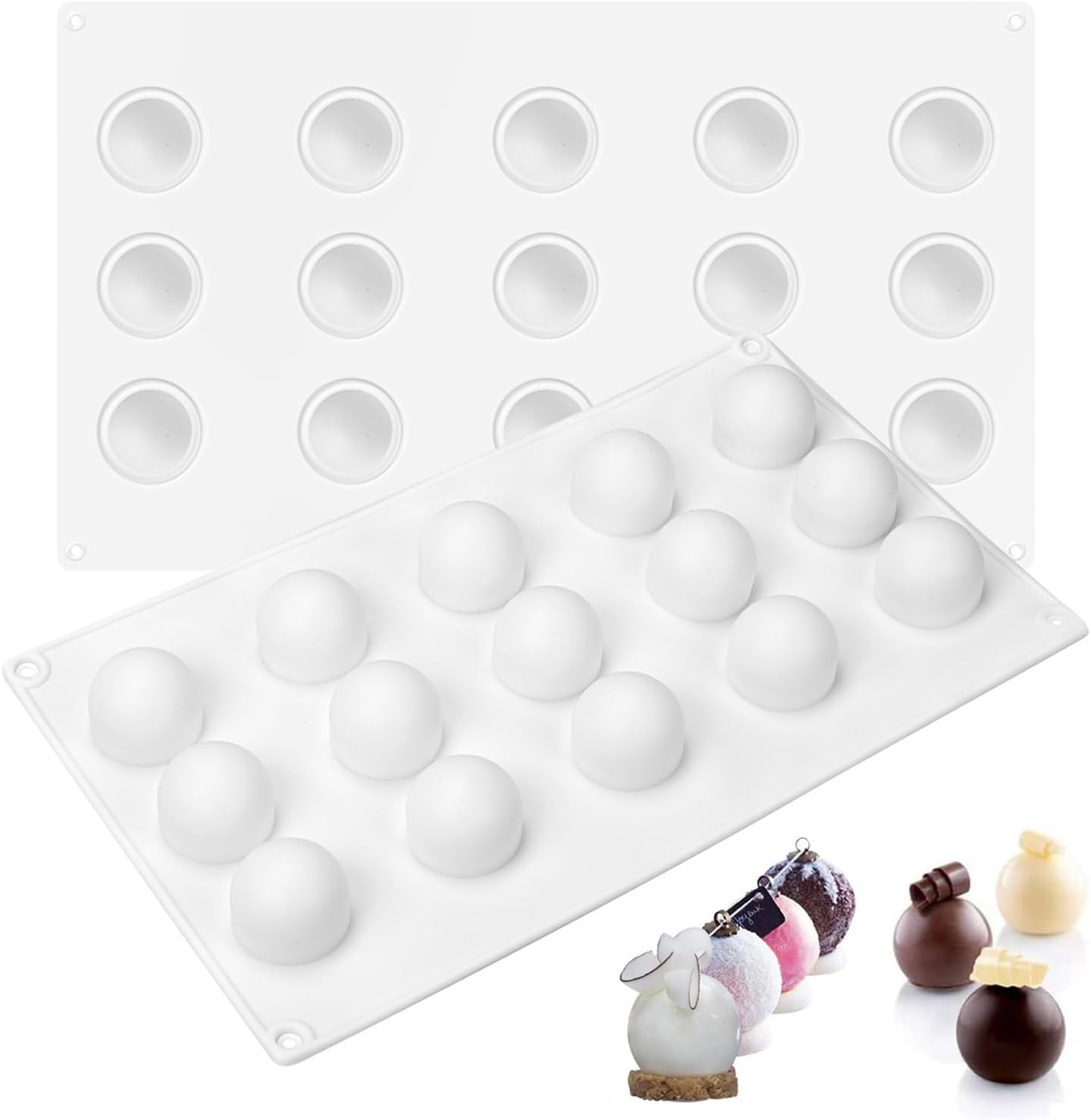 2pcs Truffle Sphere Silicone Mould, 15Cavity Mini Cake Ball Mould, 3D Silicone Baking Mould for Cake Decoration Dessert Mousse Pastry Chocolate Jelly Ice Cream, Round Ball Shape