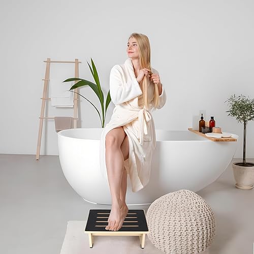 Miniatura 30 de Taburete de un solo paso para adultos mayores con superficie de goma antideslizante, taburete de madera resistente con escalones de cama de Marrón