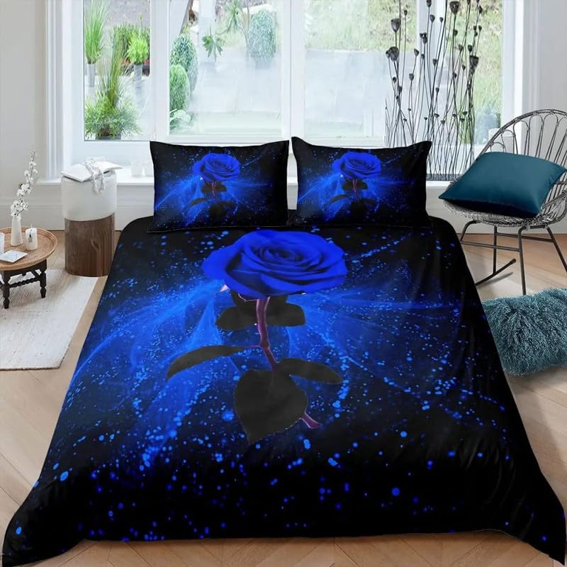 Parure de lit enfant 90x190 avec housse de couette et taie d'oreiller roses bleues en microfibre