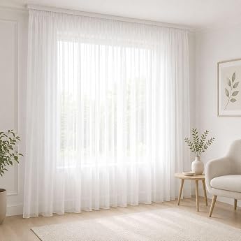 Voile Curtain White with Ruffle Tape Semi-Transparent