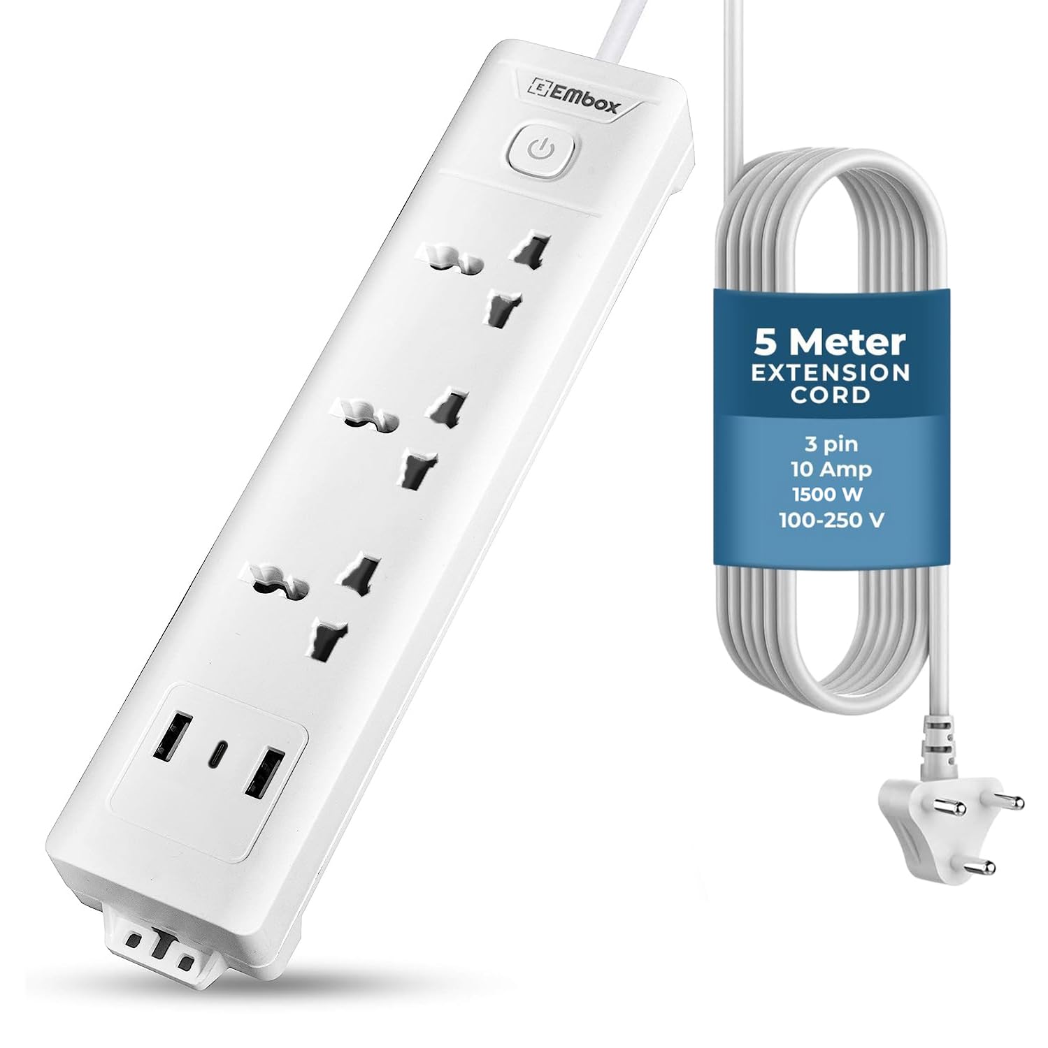 Embox 5 Meter Extension Board with USB | Master Switch-6A Spike Guard 3 Universal Sockets 2 USB Ports and 1 Type C Safety Shutter LED Indicator 1500W