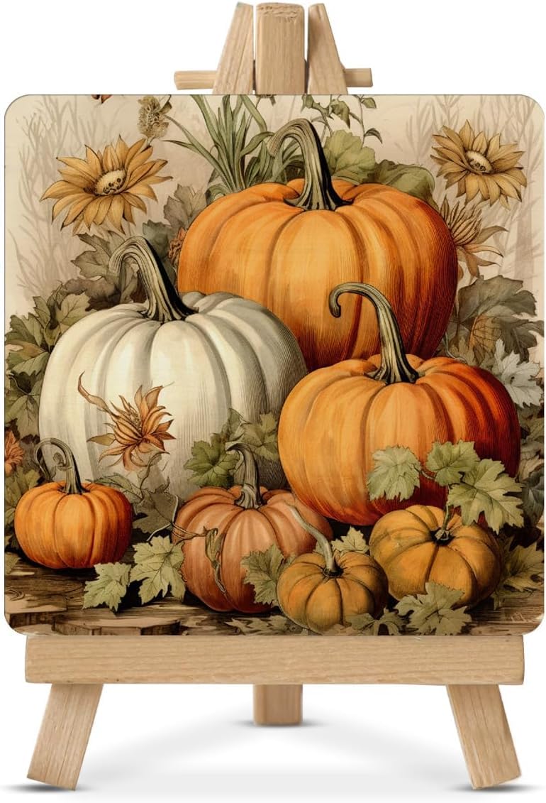 Sarvada Decor Fall Sign Autumn Pumpkin Sign Vintage Fall Pumpkins Wood Sign with Easel for Home Desk Table Tiered Tray Décor-image-15