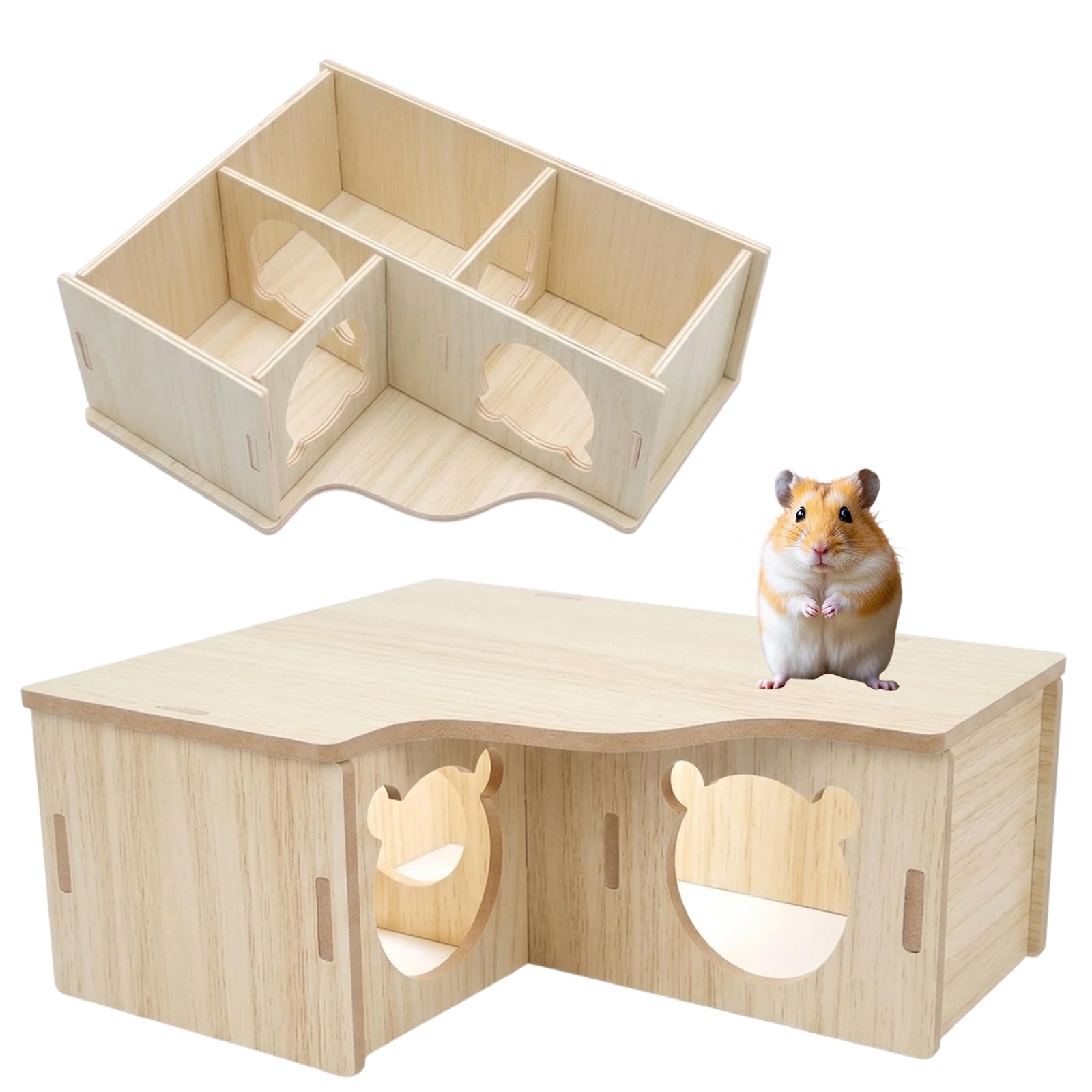 3-Zimmer Hamster Haus Mehrkammernhaus Hamster, Natürliches Holz Hamsterhaus Aus Holz, Zwerghamster Zubehör Hamster Versteck, Mehrkammernhaus Hamster Zubehör, Hamsterhaus Klein Für Sichere Käfige - 1