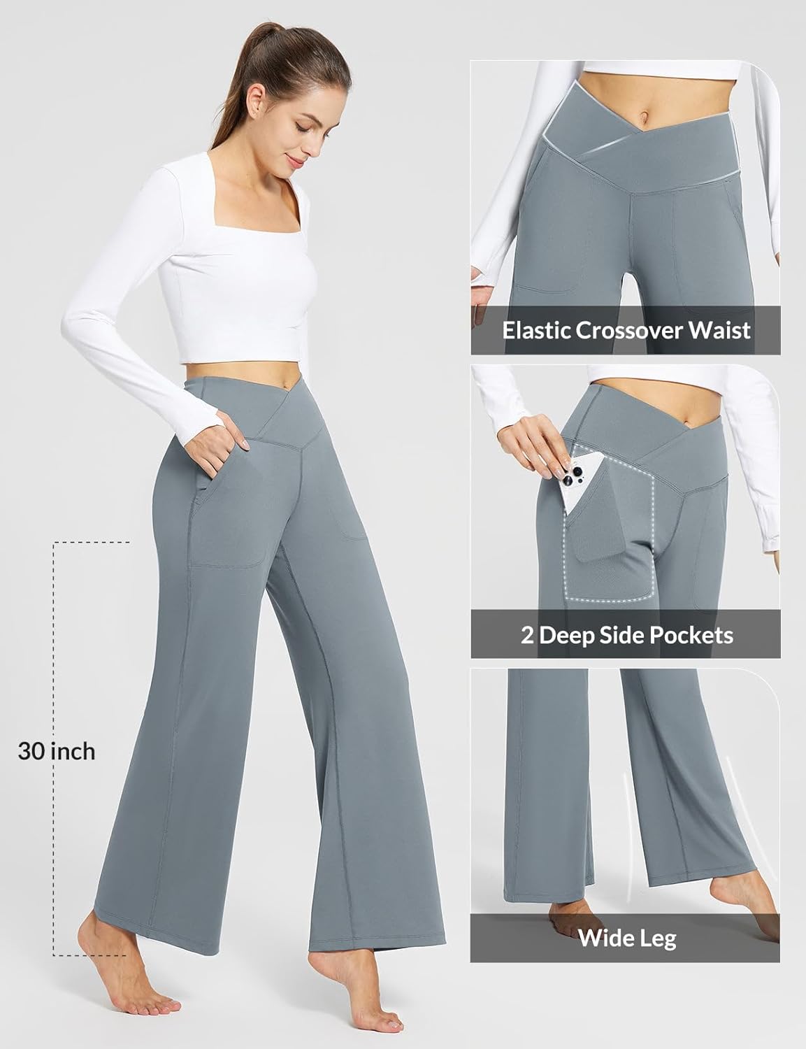 baleaf Womens Wide Leg Dress Pants Stretch High Waist Yoga Pants Casual Slacks Pockets Pull On Travel Petite Plus Size