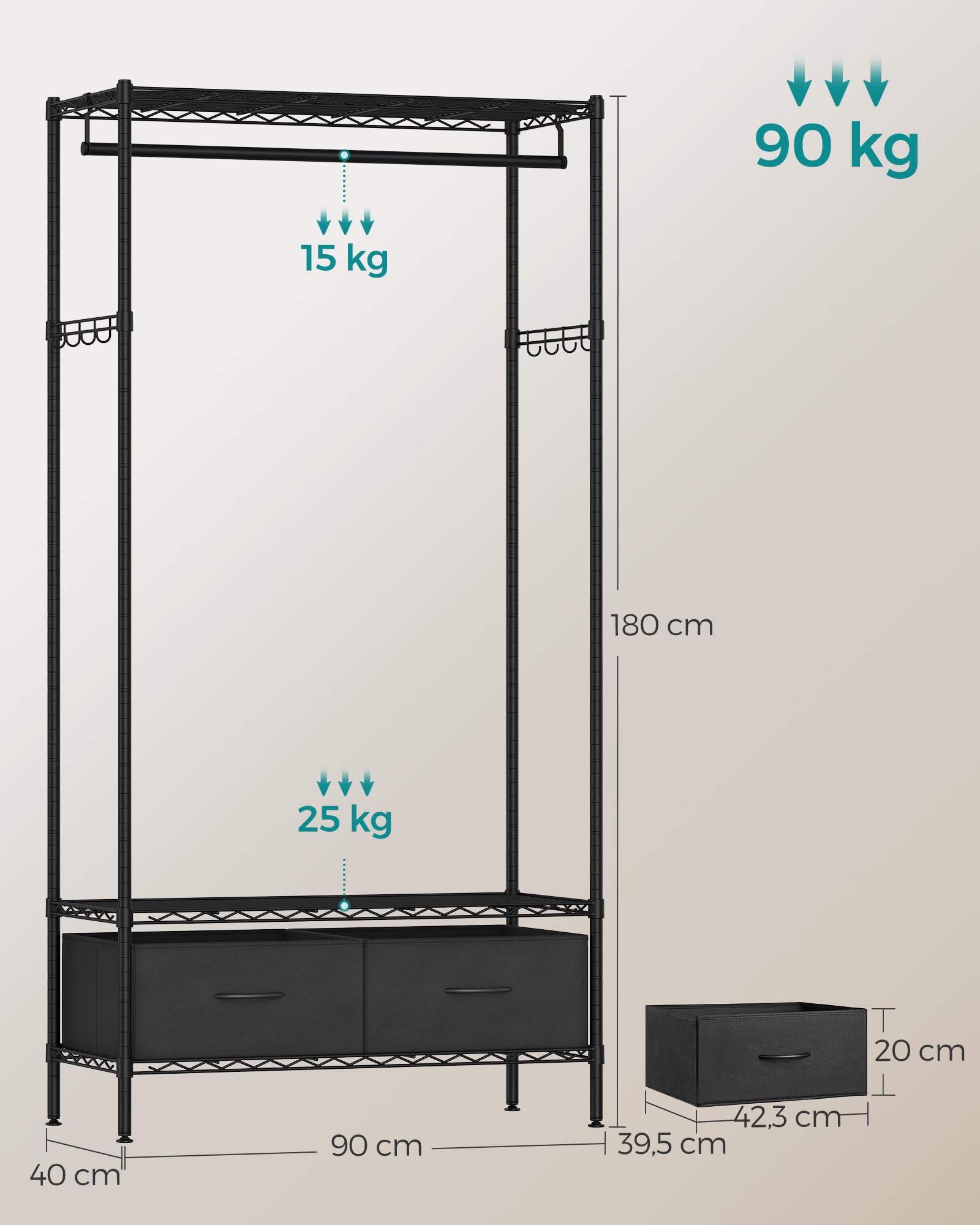 SONGMICS Armadio, Guardaroba in Metallo con Ripiani a Rete, 2 Cassetti in Tessuto, Barra Appendiabiti e Ganci, Stand Appendiabiti, Nero Inchiostro LGR411B02