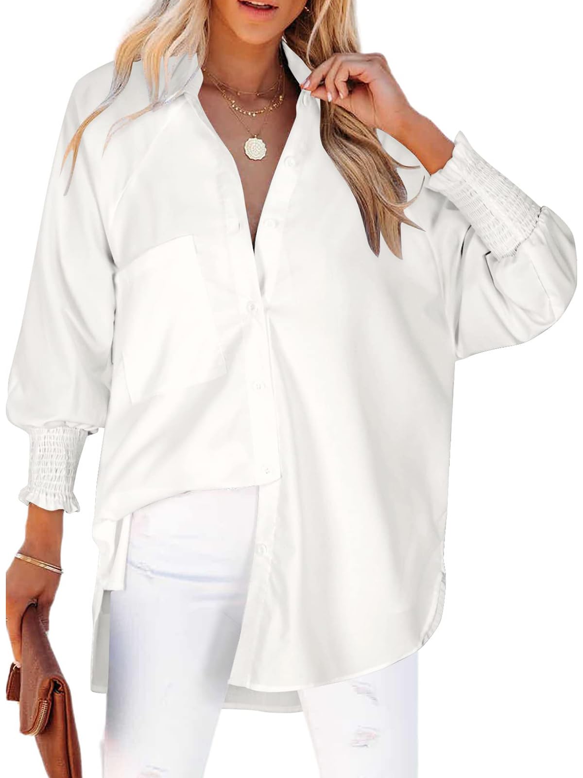 Cuptacc Bluse Damen Elegant V Ausschnitt Langarm Knöpfen Blusen Damen Gestreifte Brusttasche Oberteile