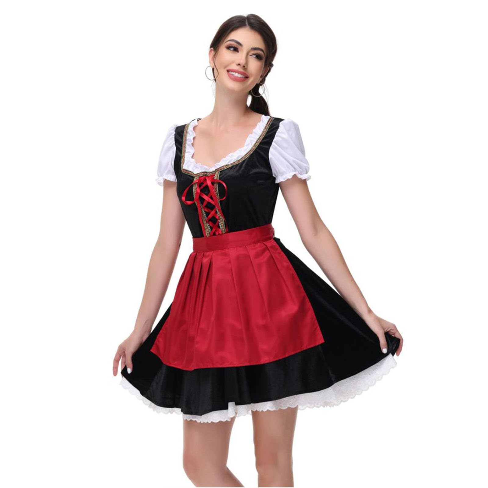 Generisch 2026 Damen Kurzarm Bierkleid Bühnenauftritt Spitzen Servierkleid Historische Tracht Festmode Viktoria Karneval Partyoutfit