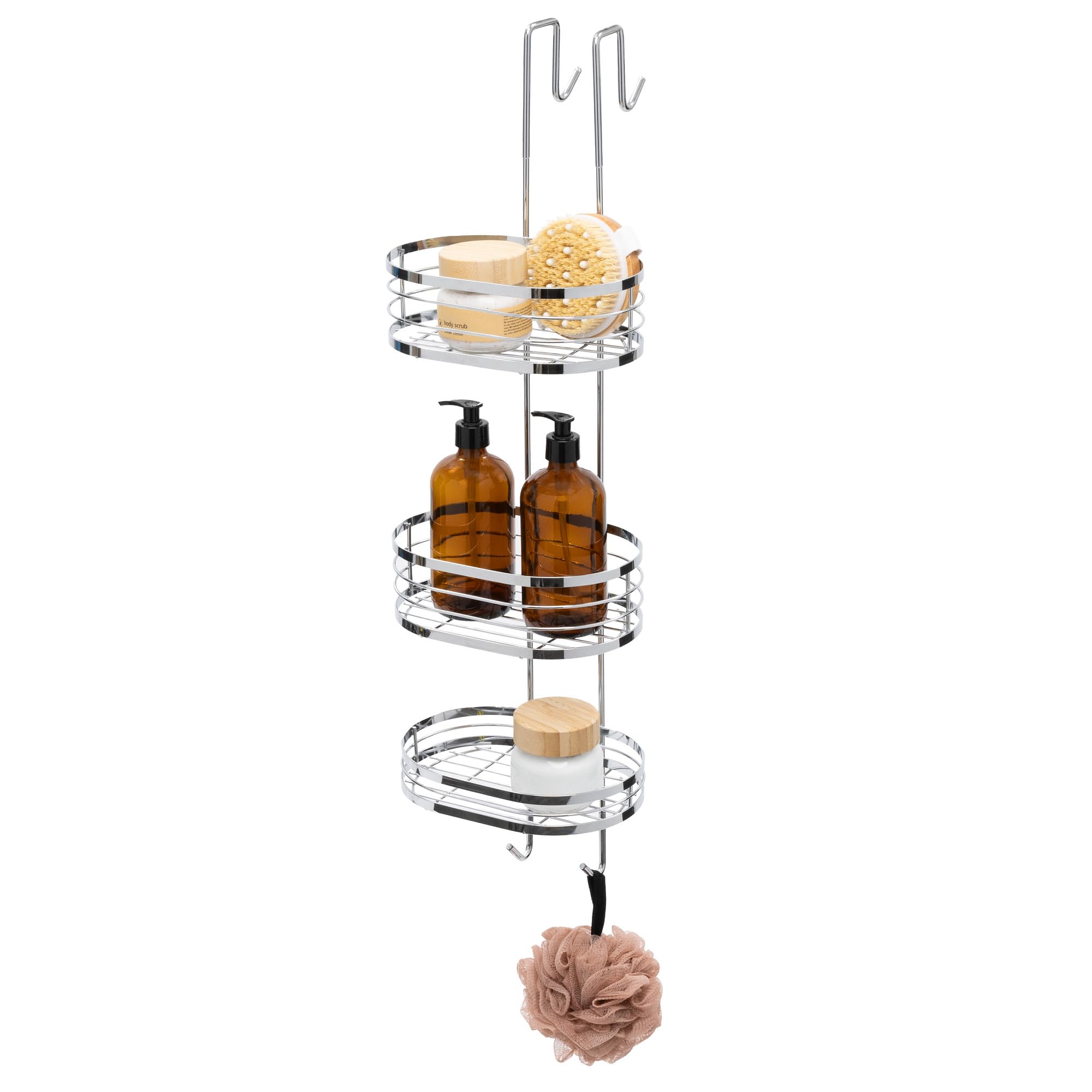 LIVIVO Stylish 3 Tier Hanging Over the Door Organiser Basket Chrome Shower Screen Oval Cubicle Toiletry Tidy Bathroom Caddy Storage Shelves Rack
