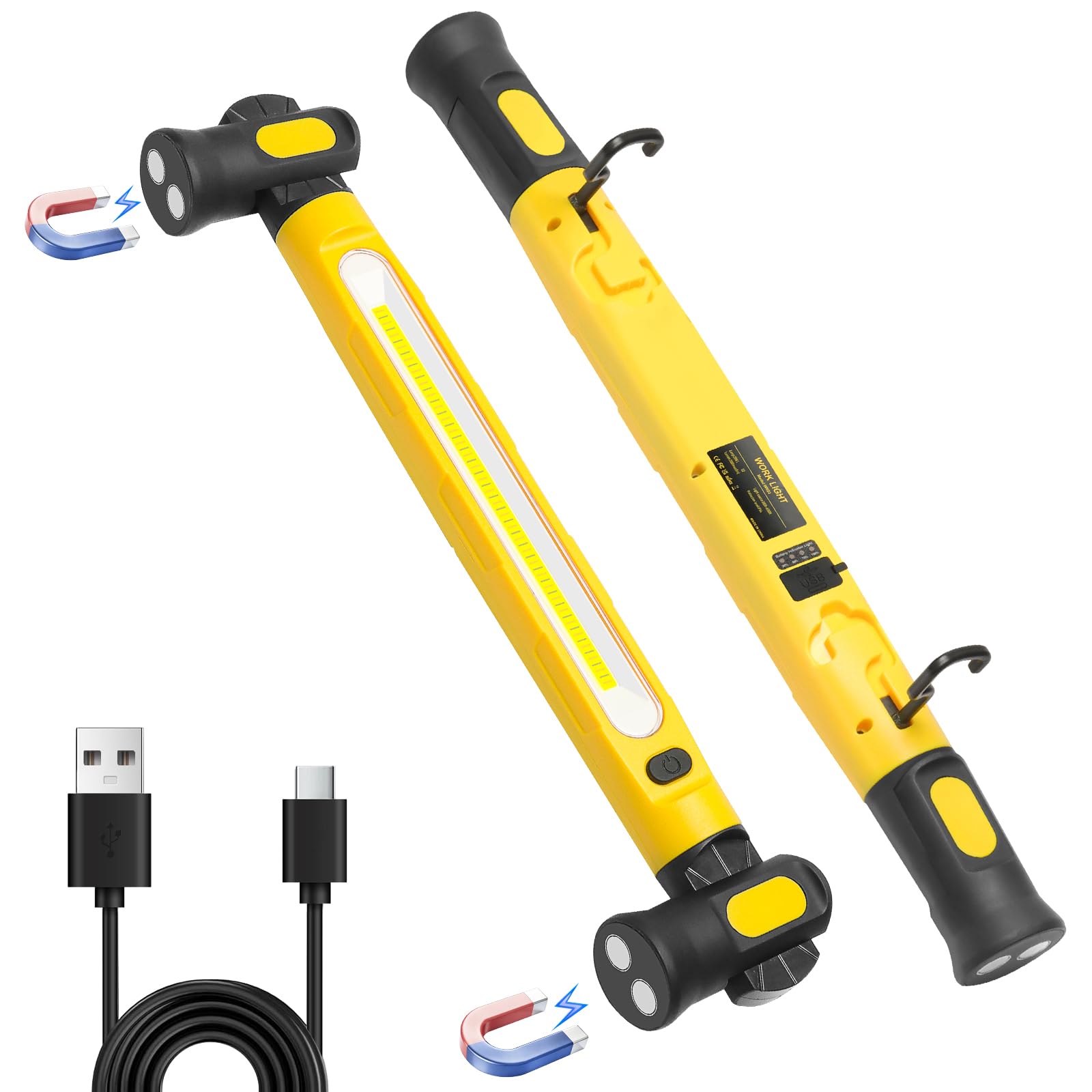 Barra de luz de trabajo para debajo del capó, luz de trabajo magnética LED de 2000 lúmenes con ganchos, 5000 mAh recargable inalámbrica para mecánico/reparación de coches/garaje (1 pieza amarilla)