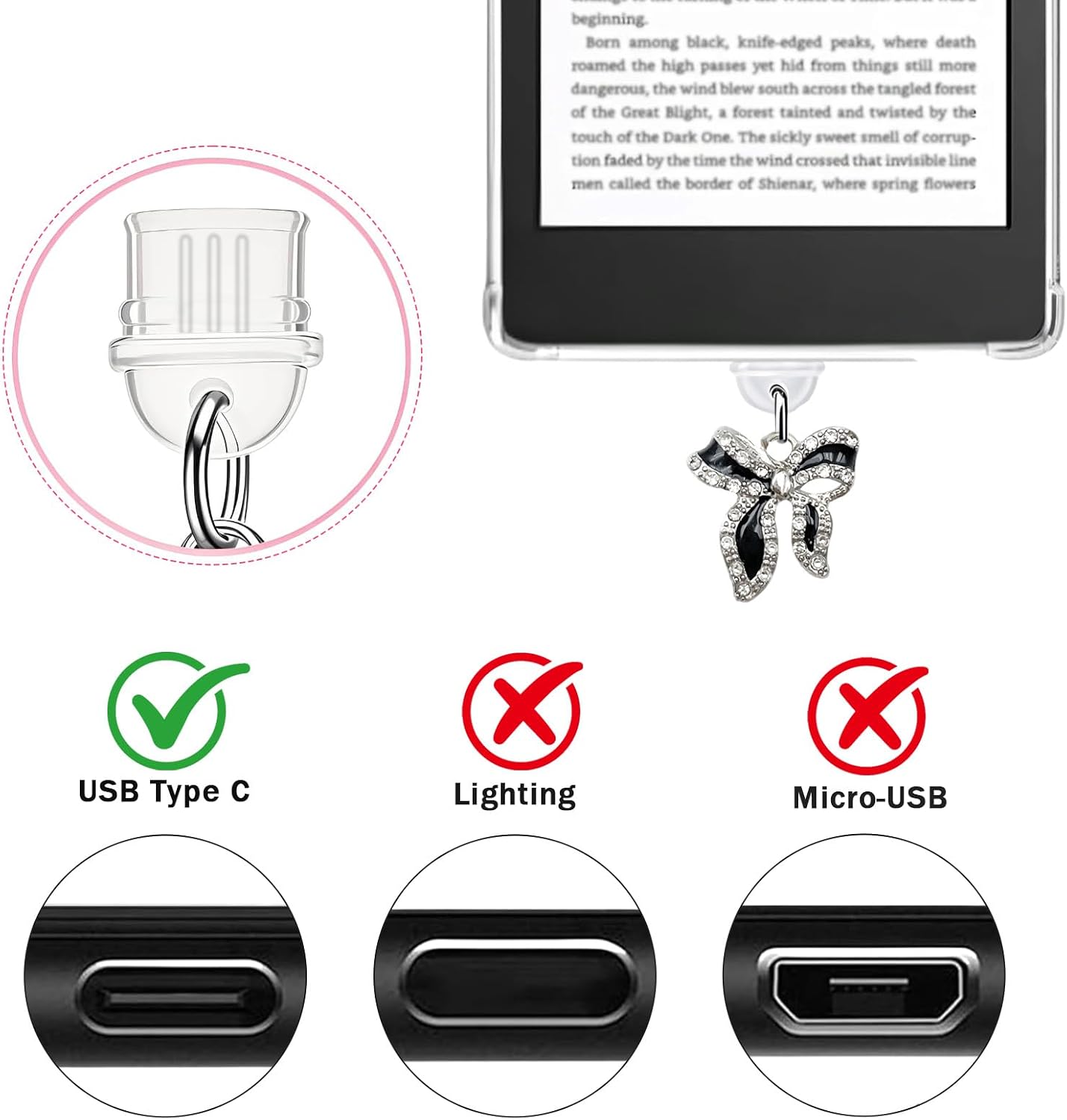 Cute Charms Set for Kindle,Including Dust Plug Charm Type C/USB C,Star Grip Holder,Bling Keychains with Hook,Charms Compatible for Kindle/E-Reader/Phone