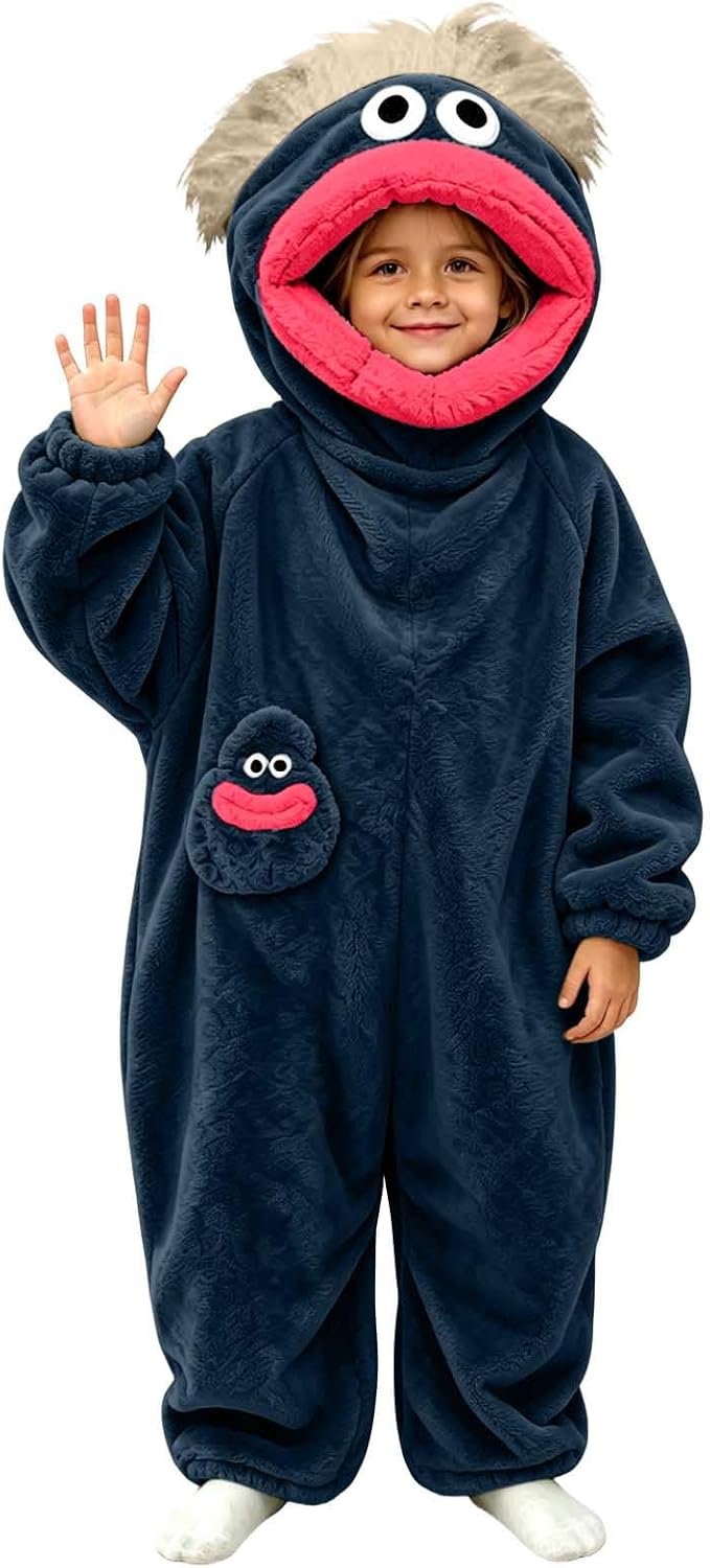 Kids Cozy Fuzzy Big Mouth Monster Onesie Cute Funny Hooded Pajamas